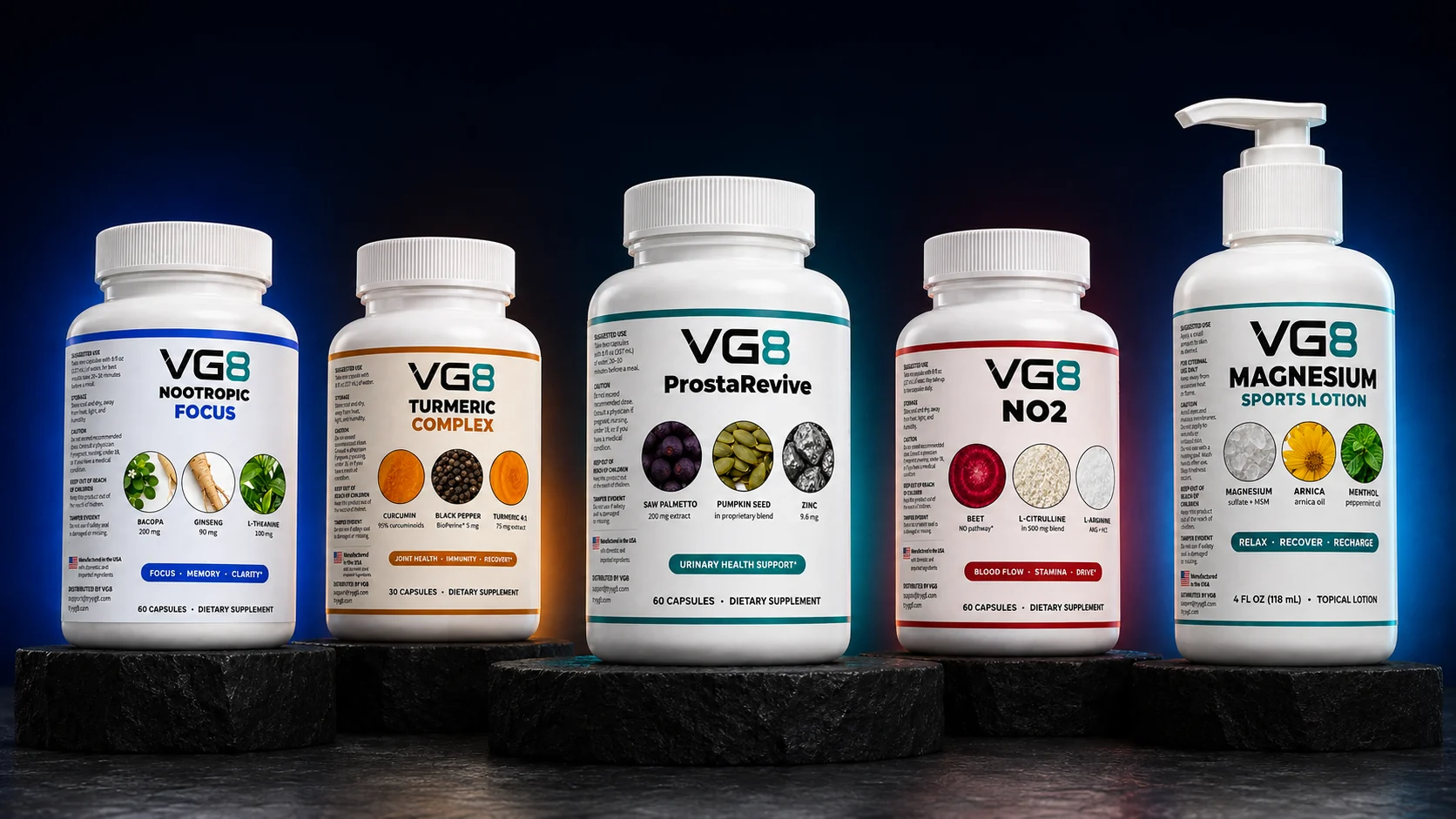 ProstaRevive, Turmeric Complex, NO2, Nootropic Focus, and Magnesium Sports Lotion