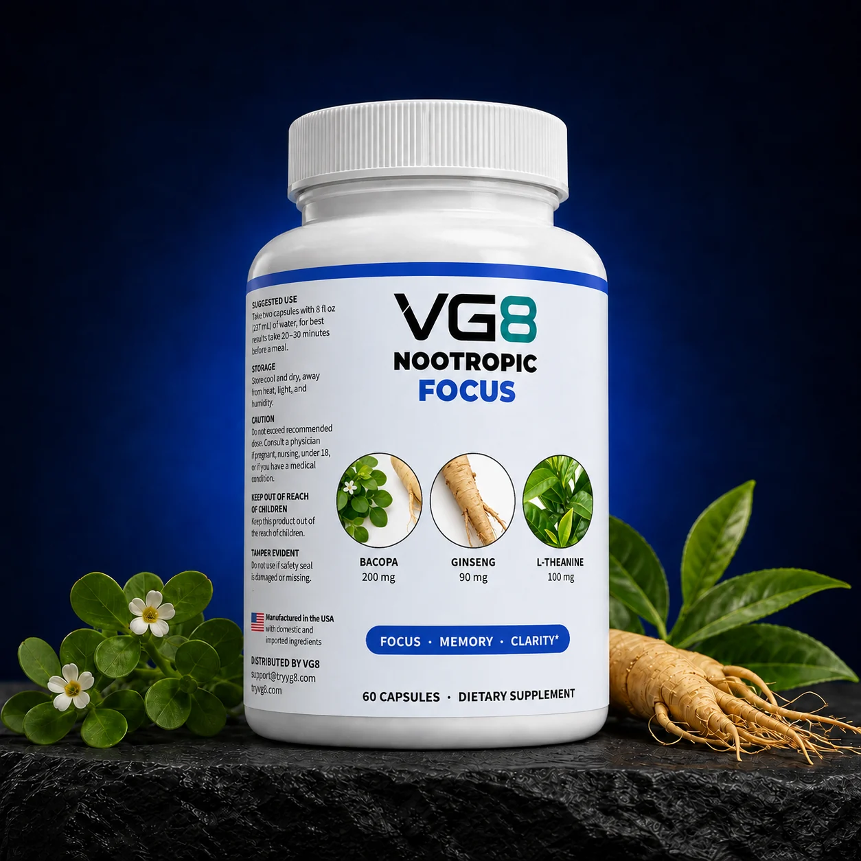 VG8 Nootropic Focus bottle with bacopa, ginseng, and green tea
