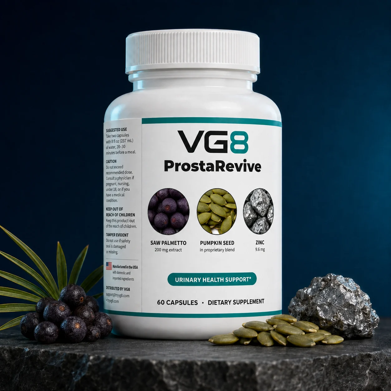 VG8 ProstaRevive bottle with saw palmetto, pumpkin seed, and zinc
