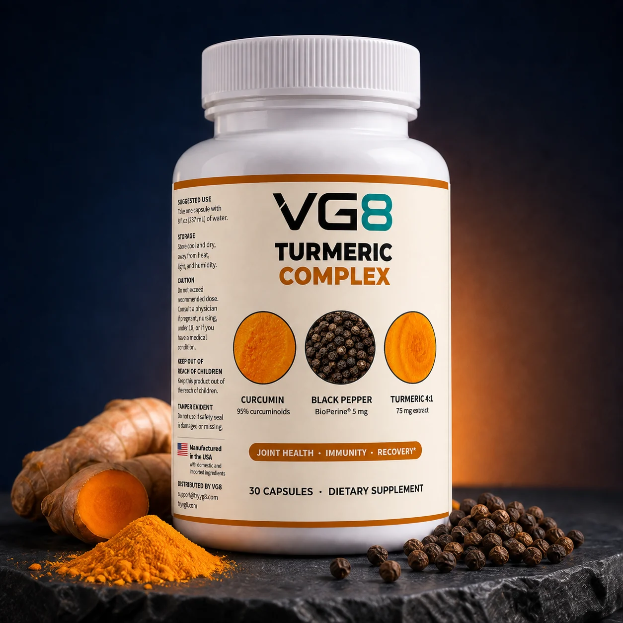 VG8 Turmeric Complex bottle with turmeric and black pepper